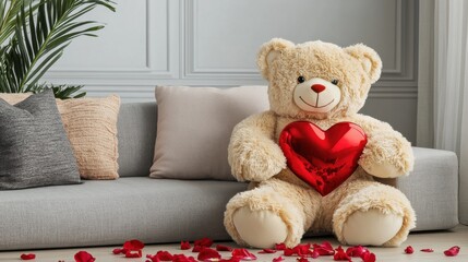 A large, fluffy teddy bear with soft beige fur holding a bright red heart, seated on a cozy couch with rose petals scattered around, perfect for Valentine Day.