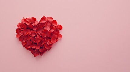 Red petals are forming a heart shape on a pink background, creating a romantic image ideal for valentine's day, mother's day, or spring celebrations