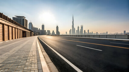 Urban Landscape with Futuristic Skyline and Curved Road at Sunset