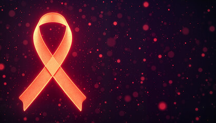 Red ribbon symbolizing awareness on dark background, World Cancer Day, Colorectal Cancer Awareness Month