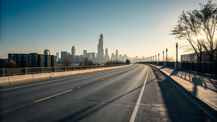 Fototapeta premium Serene Morning View of Urban Skyline from Wide Open Road
