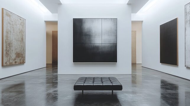 Modern art gallery interior, featuring abstract paintings on white walls, and a black bench in a spacious hall.