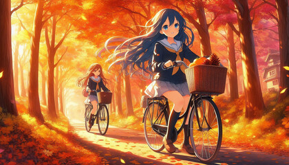 Young Girl Cycling Through an Autumn Forest at Sunse