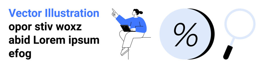 Woman seated with laptop, pointing forward. Large percentage sign and magnifying glass. Ideal for business analytics, research, statistics, finance, data analysis, reports, and presentations. Landing