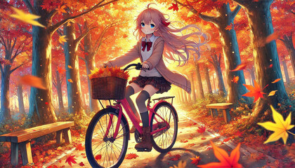 Young Girl Cycling Through an Autumn Forest at Sunset