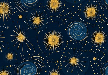 
A seamless pattern of yellow firework elements on a navy blue background, featuring circular and spiral designs with a golden glitter effect.