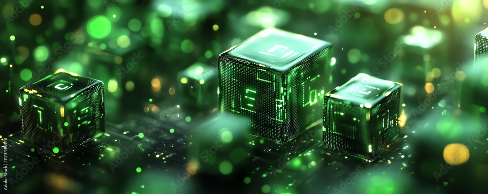 Poster abstract cyberspace with matrix background, binary code and floating cubes, 3d rendering, futuristic