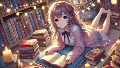 Young Girl Reading A Book in Candlelit Cozy Library Room