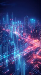 Obraz premium Experience a vibrant futuristic isometric cityscape filled with dynamic digital data streams and illuminated architecture, showcasing a creative technological vision.