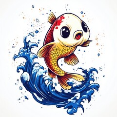 Obraz premium A whimsical cartoon fish jumping from vibrant blue waves, showcasing playful ocean life.