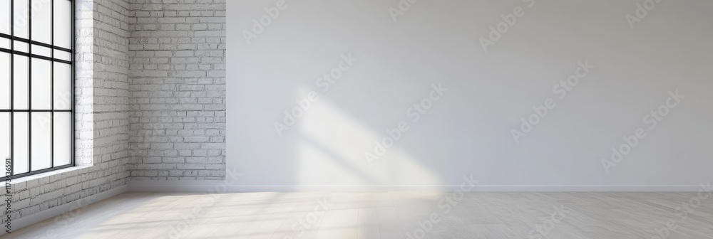 Poster Sunlight streaming through a large window casts shadows on a white wall and light wooden floor in a spacious, airy room with a white brick wall, ideal for design projects