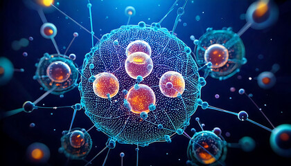 Stunning abstract image of interconnected glowing spheres, perfect for illustrating concepts related to science, technology, connectivity, or networks.