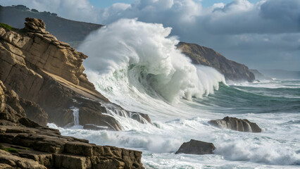 Powerful Ocean Waves Crash Against Rocky Shoreline at Sunrise