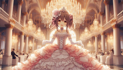 Elegant Princess in a Magnificent Ballroom with Chandeliers