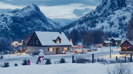 Fototapeta premium Snowy mountain village at dusk; cozy houses with Christmas lights; festive atmosphere; perfect for winter holiday cards.