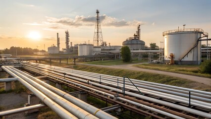 Obraz premium Sunsets over a large industrial facility with pipelines, storage tanks, and smokestacks in the background during golden hour