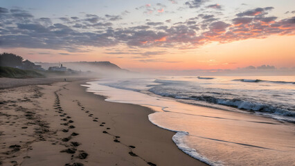 Serene Sunrise Over Coastal Beach with Gentle Waves and Footprints