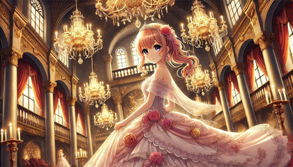 Elegant Princess in a Magnificent Ballroom with Chandeliers