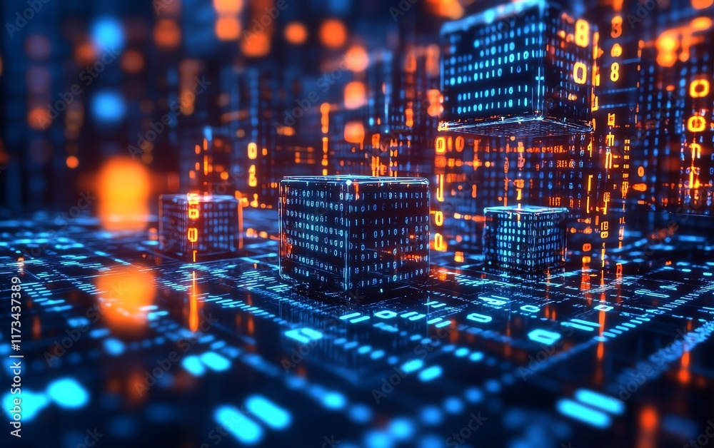 Poster abstract futuristic cyberspace, binary code, matrix background with digits and cubes, 3d rendering, 