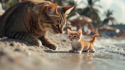 Obraz premium A cat and a kitten play by the shore, enjoying a sunny beach day surrounded by palm trees and gentle waves.