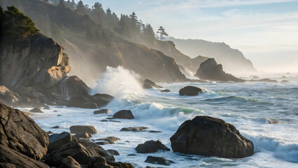 Serene Coastal Landscape with Waves Crashing on Rocky Shoreline