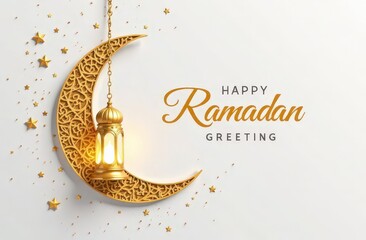 A minimalist Ramadan greeting card design with a crescent moon and lantern illustration