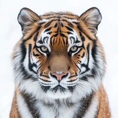 Fototapeta premium Majestic portrait of a tiger with striking orange fur and vivid black stripes against a snowy backdrop in nature