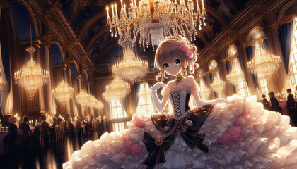 Elegant Princess in a Magnificent Ballroom with Chandeliers