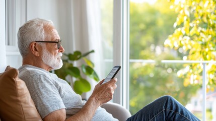 Medicare Advantage. A senior man relaxes indoors while using a smartphone, enjoying a peaceful moment by the window.