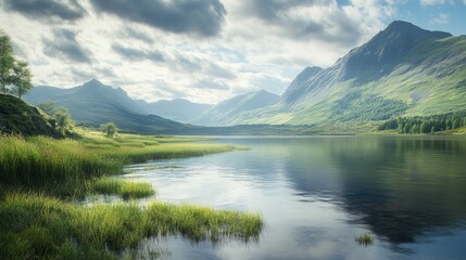Fototapeta premium Beautiful lake surrounded by mountains and greenery, reflecting a cloudy sky in a peaceful landscape.