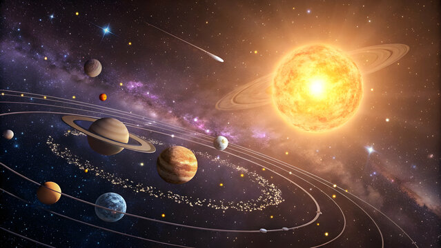 Colorful Planetary System with Sun, Planets, and Cosmic Elements