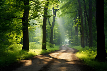Fototapeta premium Sun-kissed Forest Path: A Lyrical Portrayal of Nature's Tranquility and Timelessness