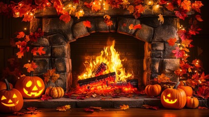 A cozy fireplace surrounded by carved pumpkins and autumn leaves, evoking warmth and the festive spirit of fall with glowing lights and rustic charm.