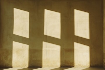 Naklejka premium Sunlight creates striking geometric shadows on a minimalist beige wall, highlighting modern interior design elements.