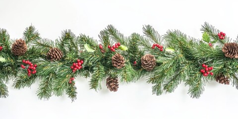 A horizontal garland made of lush vibrant green pine branches adorned with small natural pine cones and clusters of bright red berries