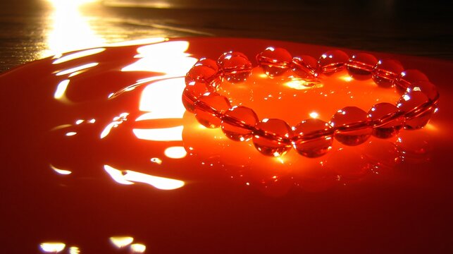 Red Heart Shaped Beads on Reflective Surface - Powered by Adobe
