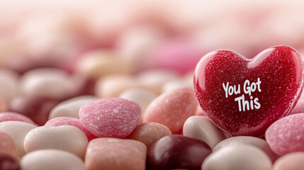 Obraz premium Glossy red candy heart bearing motivational message, nestled among softly blurred sweet treats under bright, high-key illumination