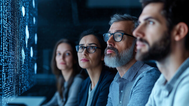 Diverse tech team collaborating, reviewing holographic cloud computing visualization in modern conference space