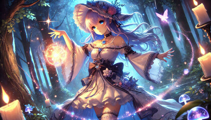 Enchanting Fantasy Sorceress in Magical Forest Casting Light Spell