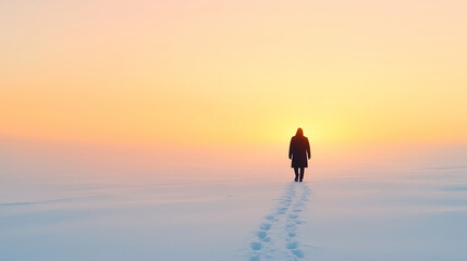Trekking solo across snow-covered terrain, casting long shadows during golden hour with footprints marking solitary winter path
