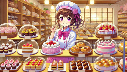 Charming Bakery Display with Pastry Chef Showcasing Delightful Cakes and Desserts