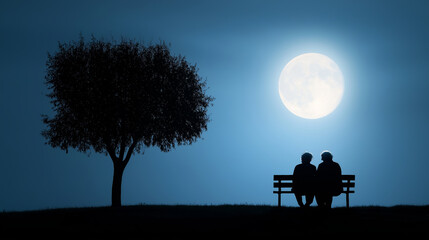 Naklejka premium Elderly couple silhouetted against moonlit sky, sharing tender moment on wooden bench beneath leafy branches