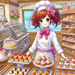 Charming Bakery Display with Pastry Chef Showcasing Delightful Cakes and Desserts