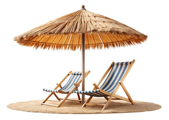 straw beach umbrella with beach chair isolated on a transparent background