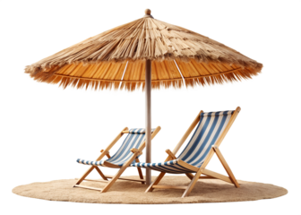 straw beach umbrella with beach chair isolated on a transparent background
