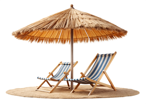 straw beach umbrella with beach chair isolated on a transparent background