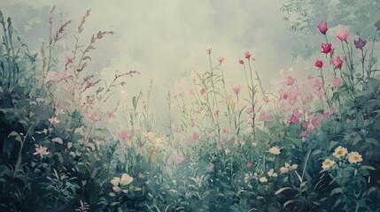 A tranquil scene of a wildflower meadow with pastel blooms and lush greenery, set against a cloudy sky.