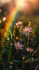 Raindrops glisten on delicate flowers under a vibrant rainbow in the soft golden light