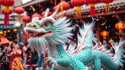 Vibrant dragon dance performance with confetti raining down in celebration of a cultural event, confetti, spectacle