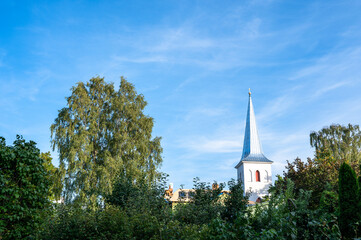 The blue spire of Jaani church, or St John’s Lutheran Church in Haapsalu, Estonia
